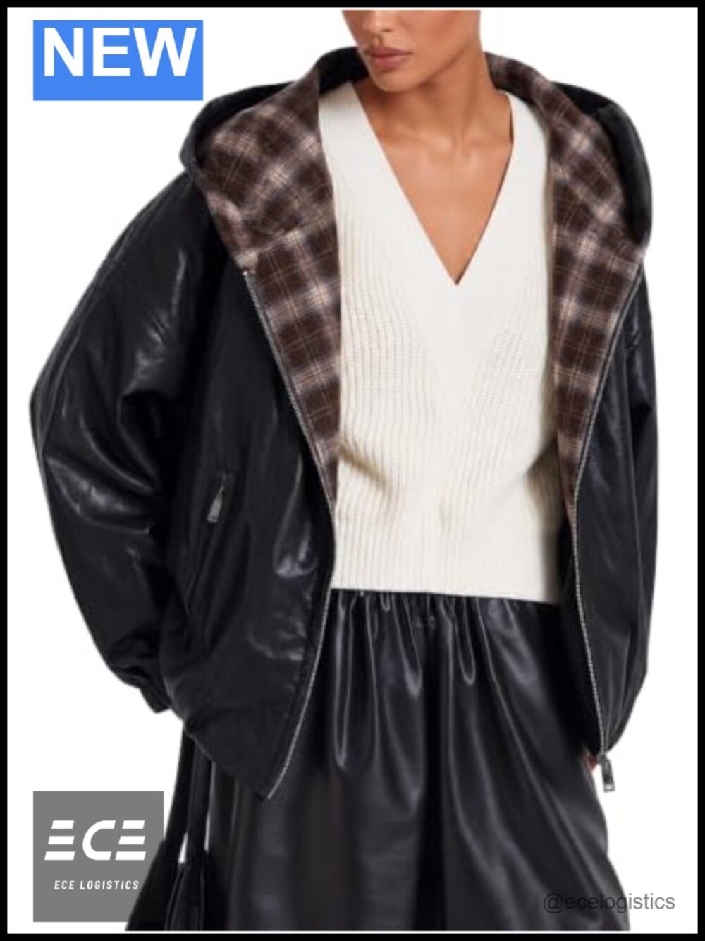 Faux Leather Cropped Hooded Moto Jacket Plaid Lined Full Zip